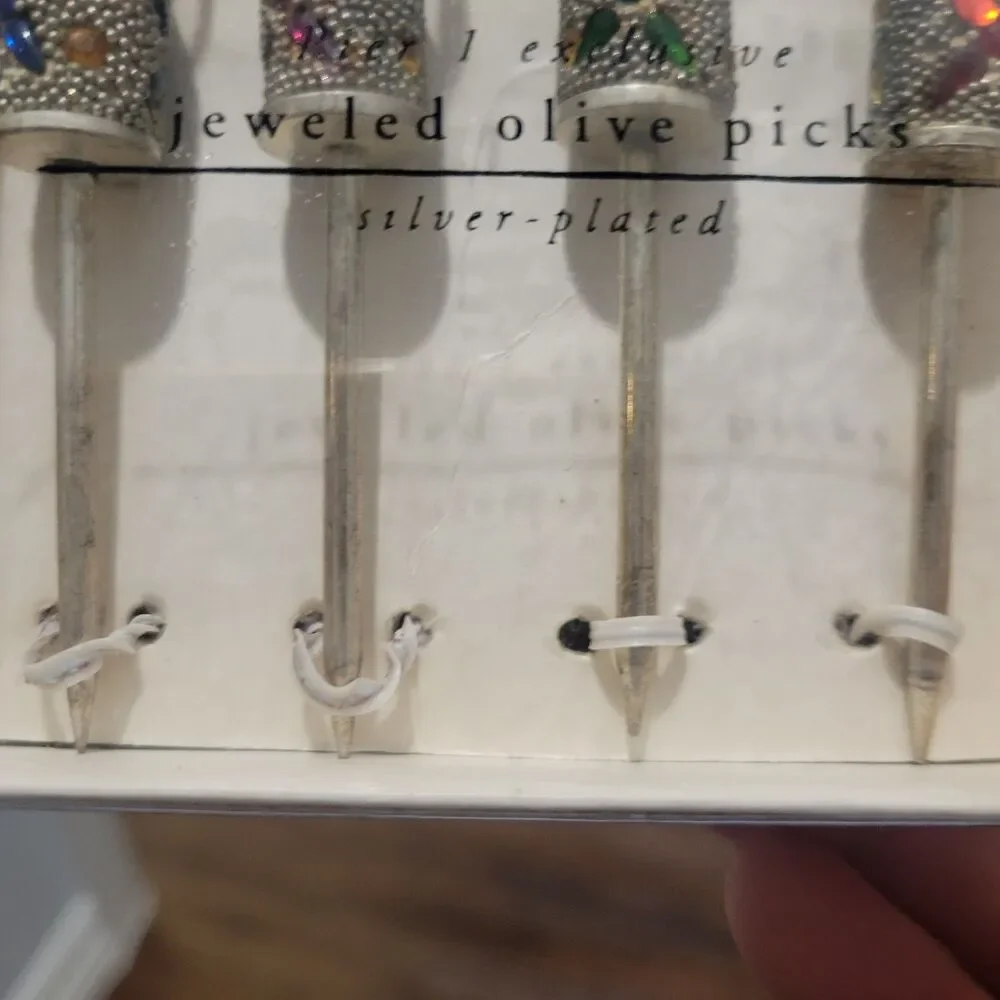 Vtg Pier 1 Exclusive Jeweled Silver Plated Olive Picks Jeweled Fancy Heavy Duty